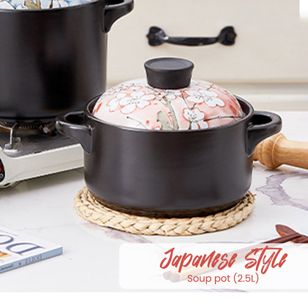 Locaupin Japanese Style Sakura Design Kitchen Porcelain Casserole Cooking Soup Pot with Lid and Handle Heat Resistant Dinner Serving Bowl