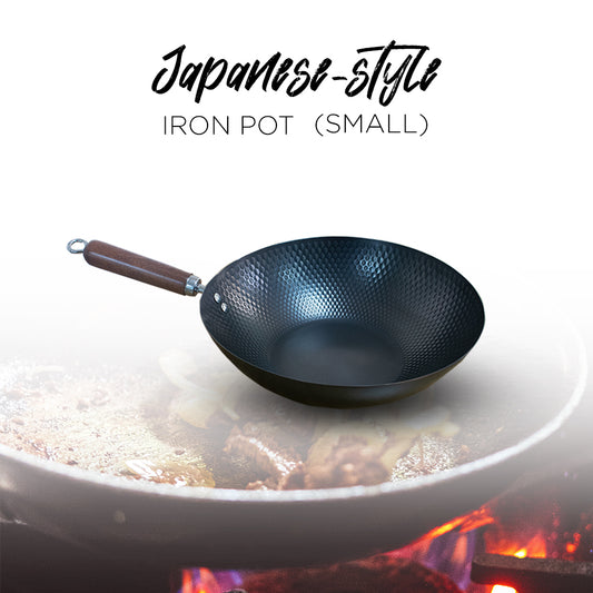 Locaupin Japanese Style Iron Pot Non-Stick Coating Cookware Frying Pan Wood Handle Flat Bottom Hammered Texture Suitable for All Stove
