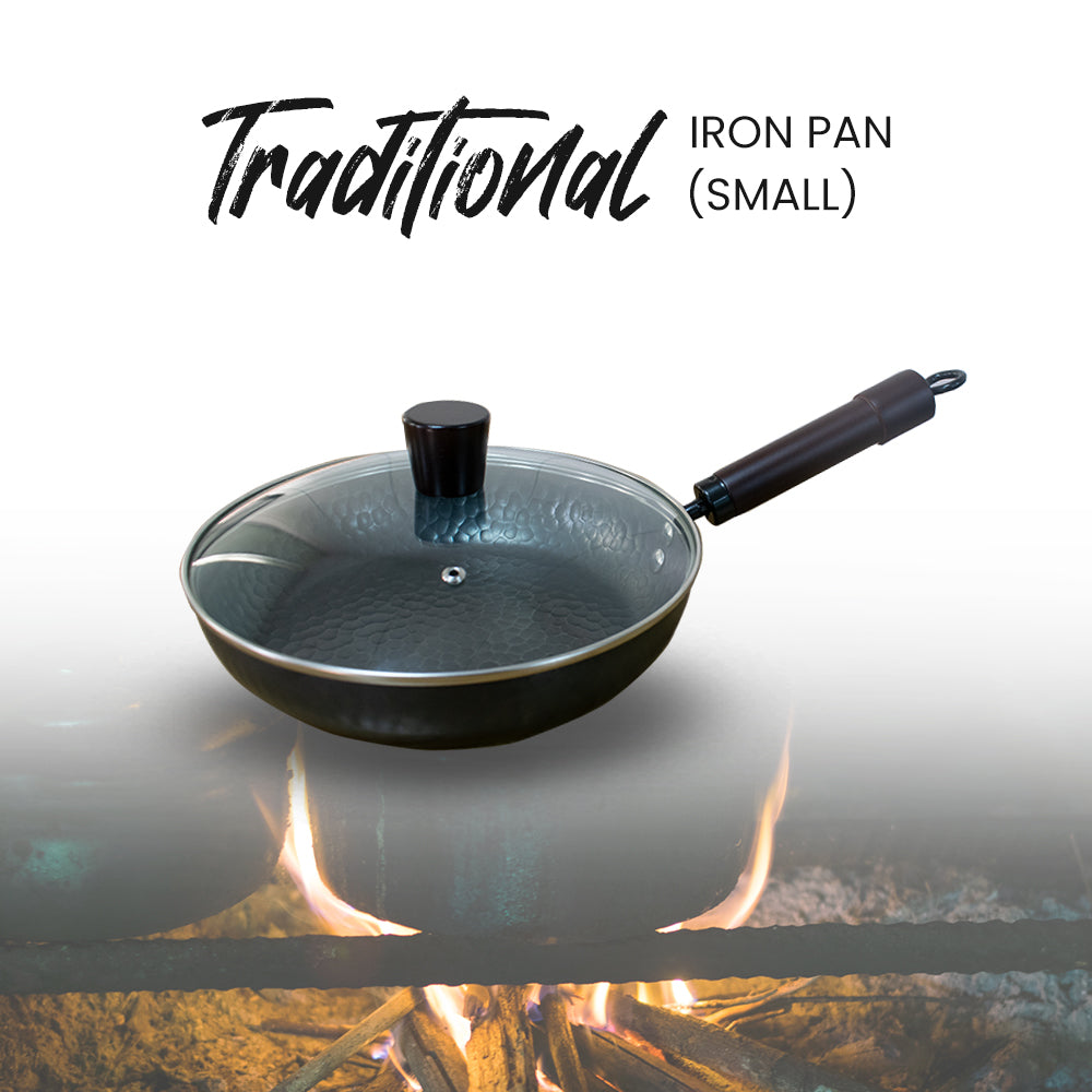 Locaupin Traditional Non-Stick and Non-Coated Easy Cooking Textured Frying Pan Home Stainless Iron Pot with Wooden Handle Suitable For All Stove