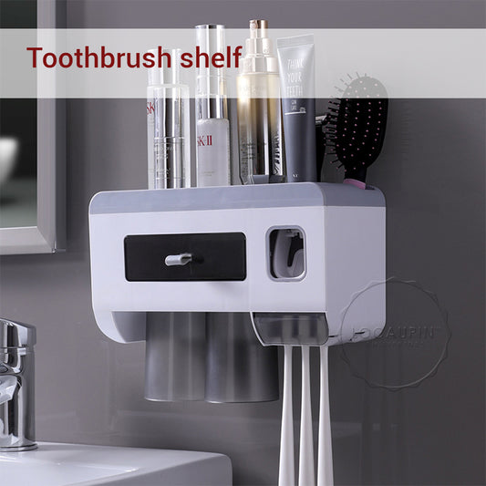 Locaupin Wall Mounted Large Capacity Toothbrush Holder with Cups Bathroom Shelf Organizer Rack and Lazy Automatic Toothpaste Squeezer