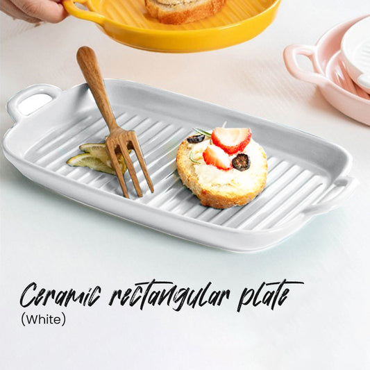 Locaupin Porcelain Microwavable Oven Safe Bakeware Serving Tray Rectangular Baking Pan Plate Dish For Dinner Dessert Pie with Two Handle
