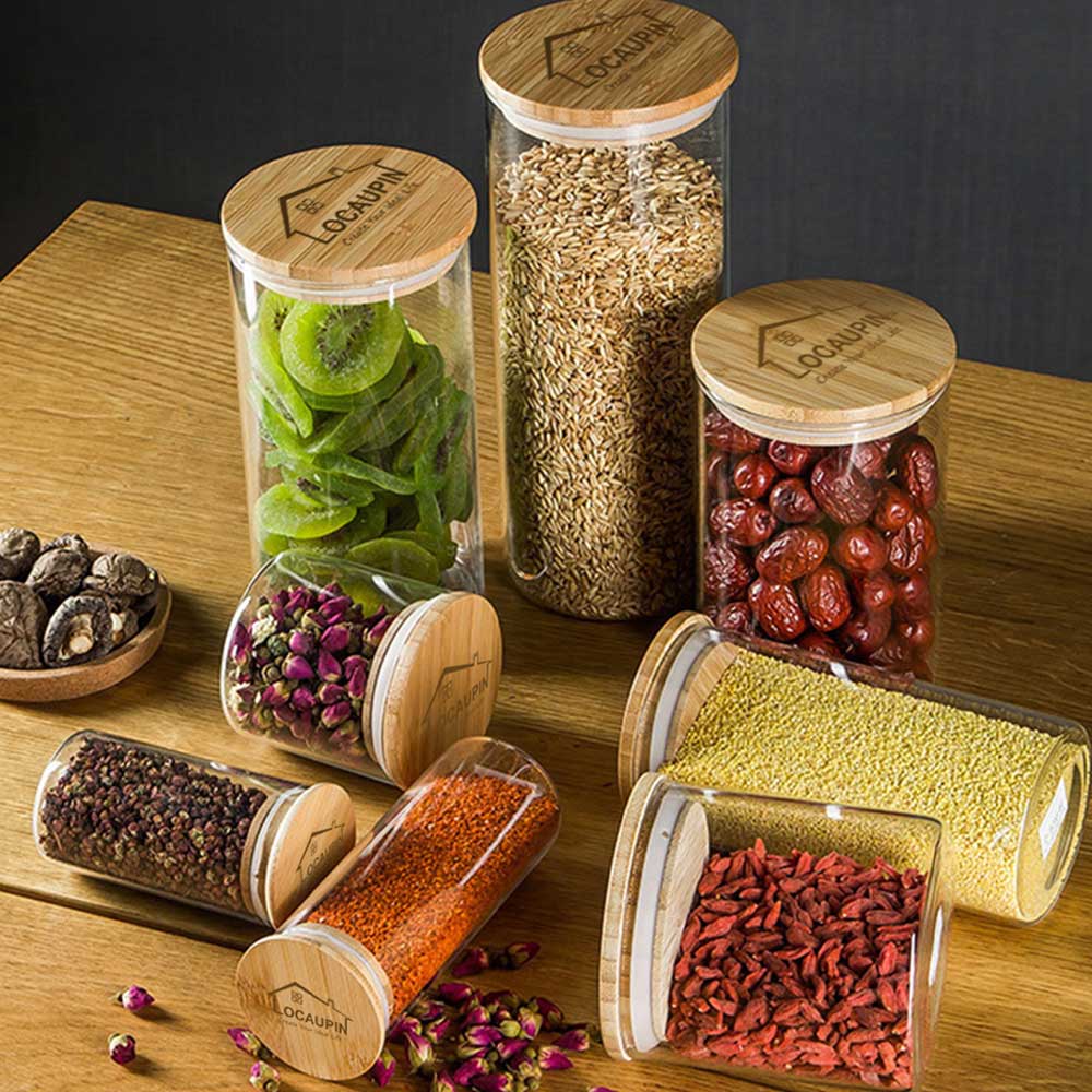 Locaupin Bamboo Lid Candy Jar Glass Canister Party Food Storage Transparent Container Cookies Cereal