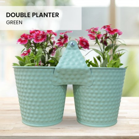 Locaupin Galvanized Metal Lightweight Double Bucket Planter Outdoor Plants Container Flower Pot with Wooden Handle Decorative Home Gardening