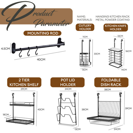 Locaupin Wall Mounted Kitchen Rack Space Saving Hanging Organizer Utensil Knives Holder Pot Lid Shelf Plates Storage Rod with Hooks
