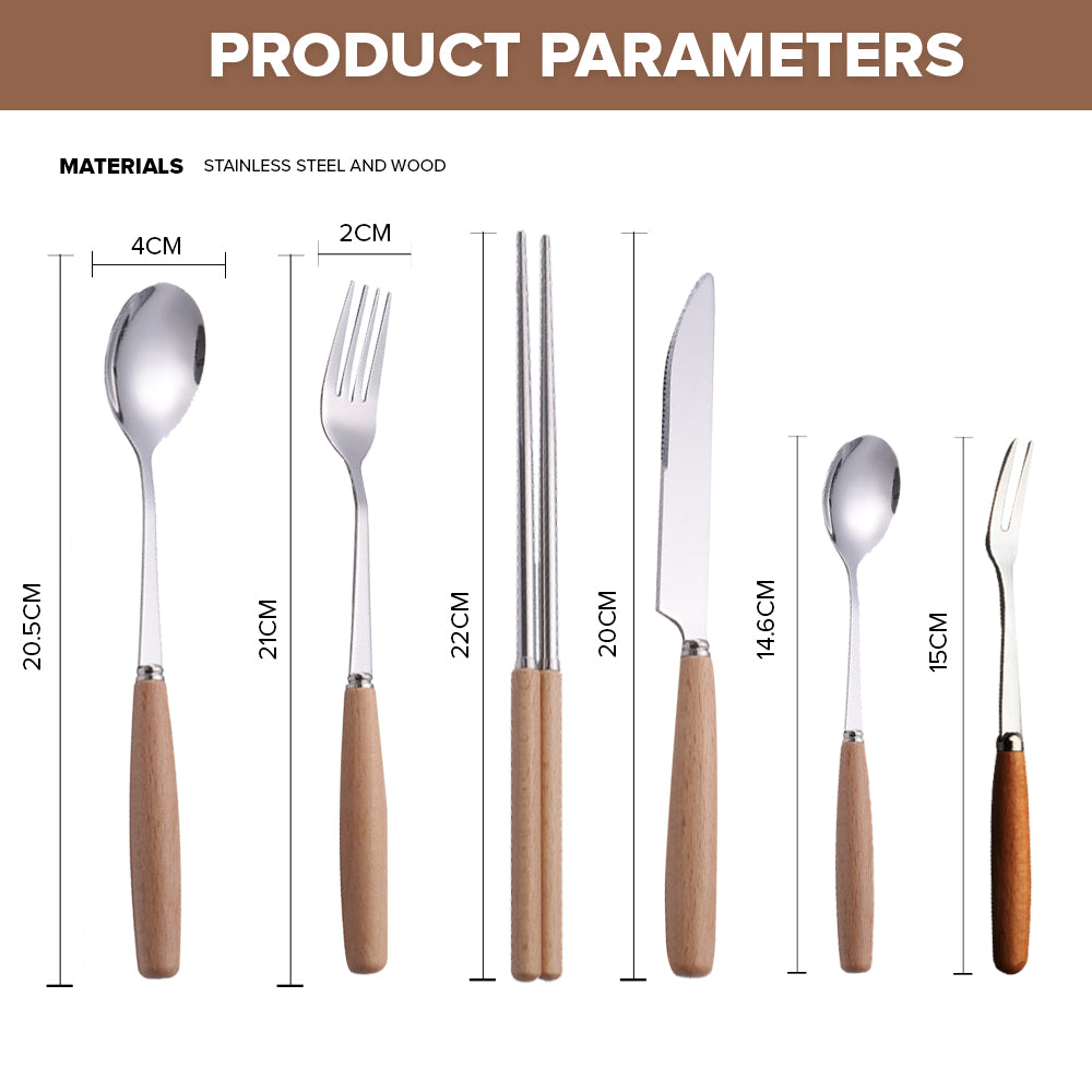 Locaupin Tableware Bamboo Handle Stainless Steel Cutlery Spoon Two Prong Fork Fruit Cake Knife Chopsticks Teaspoon Salad Appetizer Dinner Dish