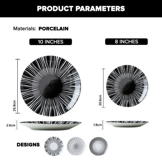 Locaupin Porcelain Dessert Dinner Plate Black and White Stripe Pattern Dinnerware For Salad Steak Pasta Serving Dish Microwave Safe