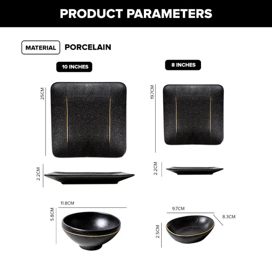 Locaupin Porcelain Catering Dish Serving Black Rice Bowl Snack Appetizer Plate For Steak Salad Pasta Restaurant Hotel Party Dinnerware