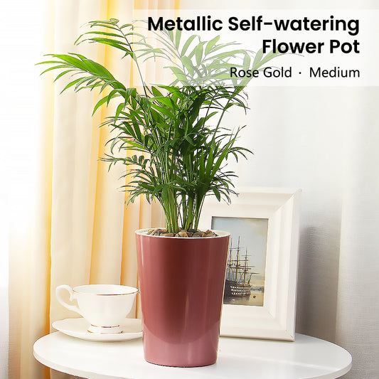 Locaupin Modern Flower Pot Metallic Shade Plastic Self Watering Planter with Inner Basket Indoor Outdoor Gardening Decoration