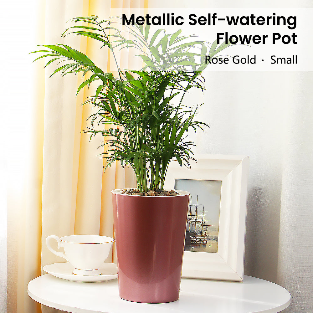 Locaupin Modern Flower Pot Metallic Shade Plastic Self Watering Planter with Inner Basket Indoor Outdoor Gardening Decoration