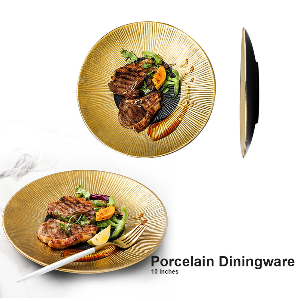 Locaupin Elegant Textured Black Gold Dinner Plate Japanese Style Oven Safe Porcelain Tableware Serving Dish Salad Steak