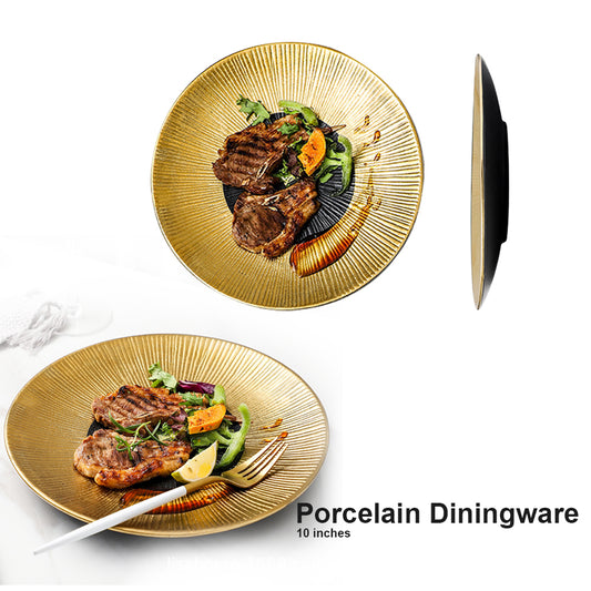 Locaupin Elegant Textured Black Gold Dinner Plate Japanese Style Oven Safe Porcelain Tableware Serving Dish Salad Steak