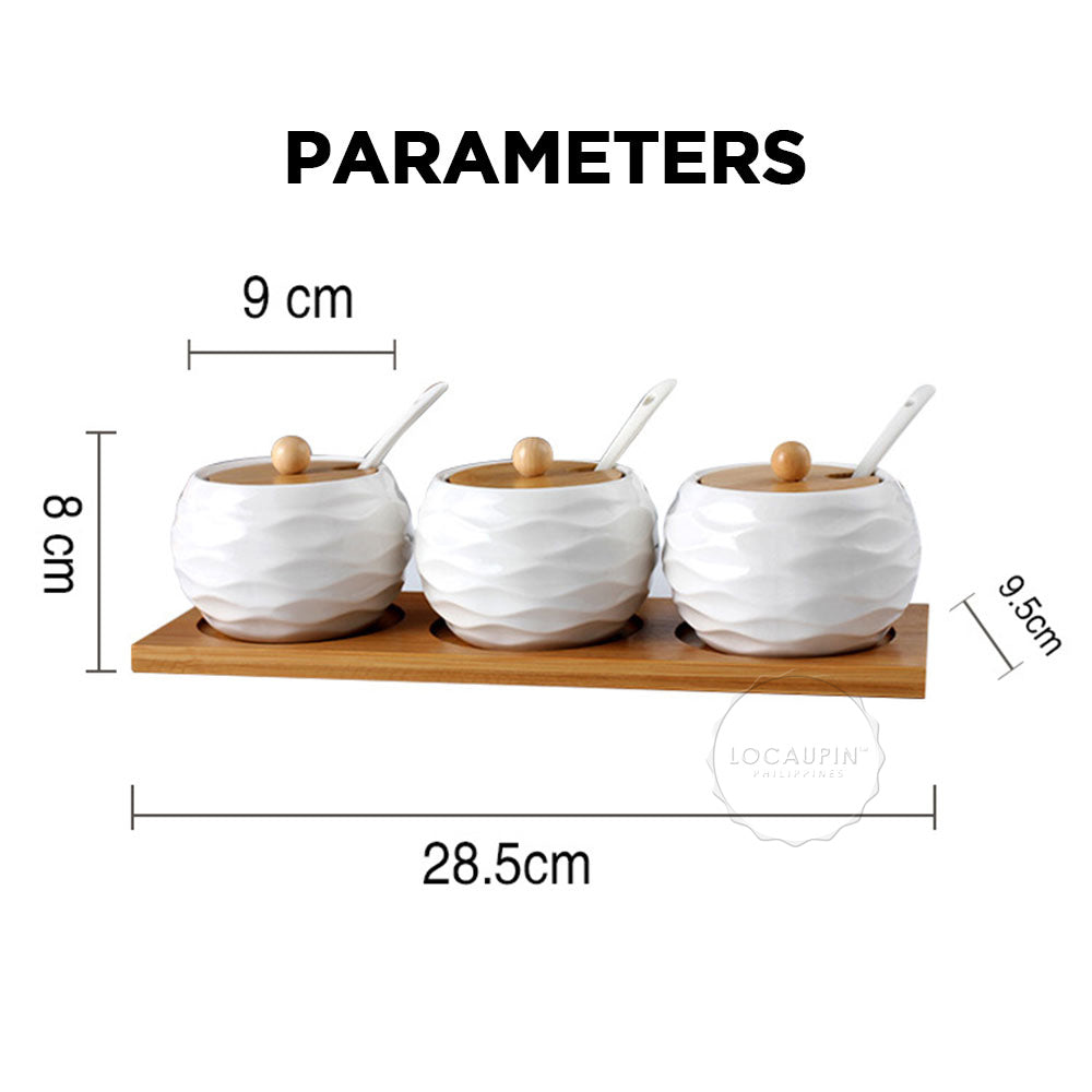 Set of 3 Ceramic Seasoning Pot Wave Pattern Design Kitchen Seasoning Storage Tank Salt Sugar Condiment Bowl Serving Tea Coffee Spice Nuts Jar Dressings Can