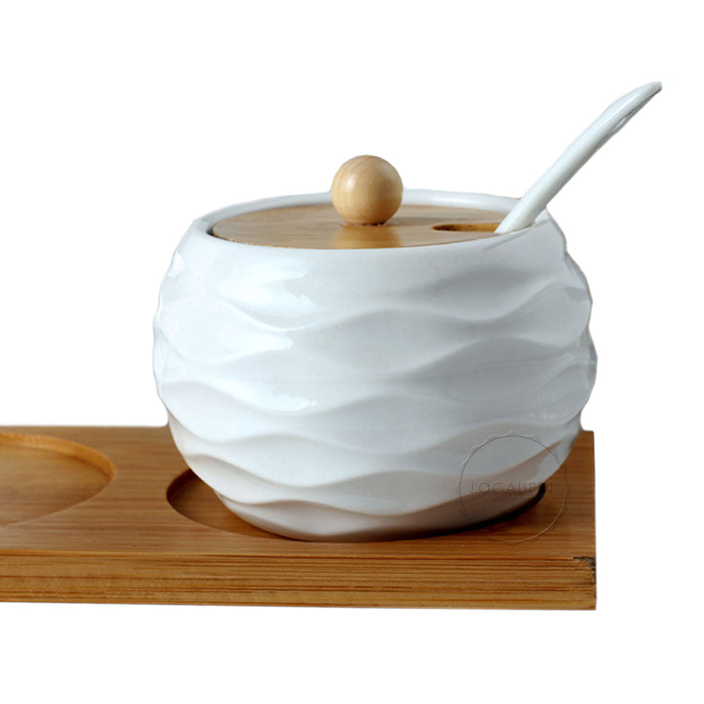 Set of 3 Ceramic Seasoning Pot Wave Pattern Design Kitchen Seasoning Storage Tank Salt Sugar Condiment Bowl Serving Tea Coffee Spice Nuts Jar Dressings Can