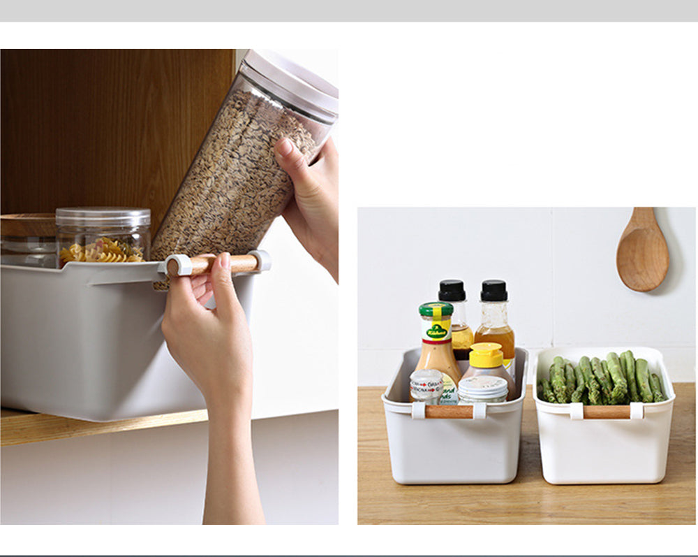 Locaupin Bathroom Clothes Sundries Basket Desktop Storage Box Toys Organizer Plastic Container Wood Handle