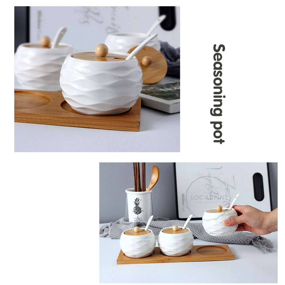 Set of 3 Ceramic Seasoning Pot Wave Pattern Design Kitchen Seasoning Storage Tank Salt Sugar Condiment Bowl Serving Tea Coffee Spice Nuts Jar Dressings Can