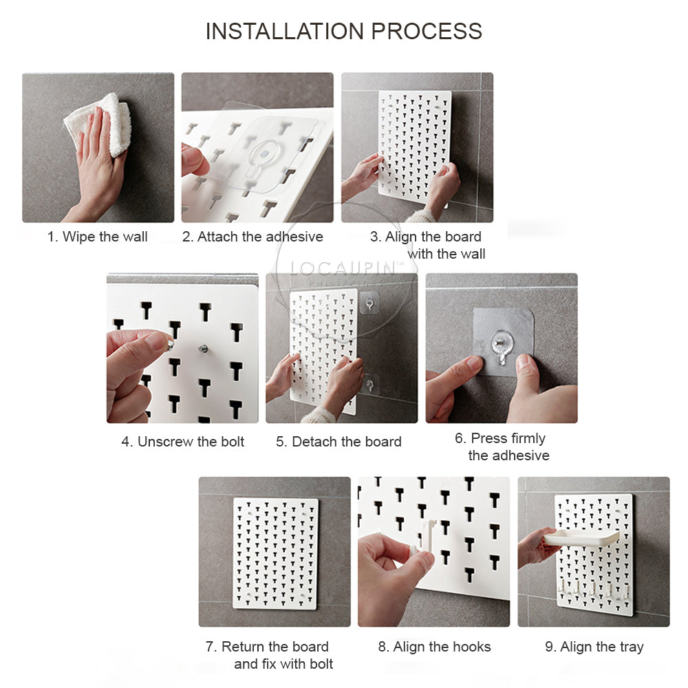 Locaupin Storage Wall Decor Hanging Hole Board Holder Hook Plastic Display Organizer Pegboard Waterproof Shelf for Kitchen Living Room and Bathroom