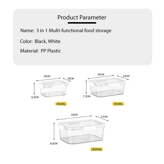 Locaupin 3in1 Airtight Locking Lid Food Container Transparent School Lunch Box Fridge Organizer Fruit Vegetable Fresh Keeper