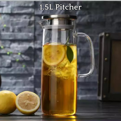 Locaupin Borosilicate Glass Water Pitcher with Stainless Steel Lid Hot and Cold Drinks Juice Coffee Beverage Large Capacity Jug