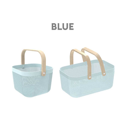 Locaupin Plastic Mesh Basket with Wooden Handle Cosmetic Organizer Kitchen Fruit Vegetable Storage Multifunctional Salon Spa Shopping Bin