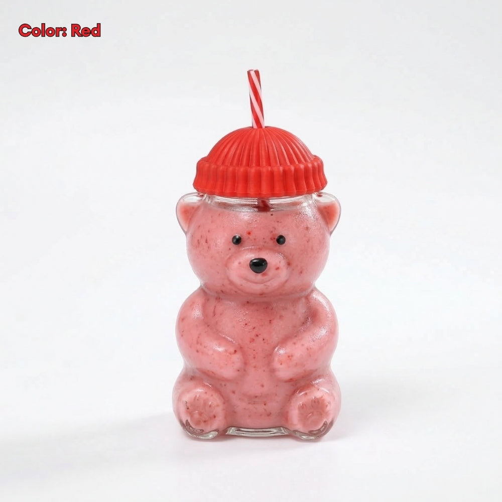 560ML Borosilicate Glass Cute Bear Tumbler with Straw & Silicone Lid Water Bottle Portable Drink Cup for Juice