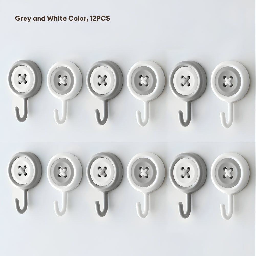 LOCAUPIN Bundle of 12 Adhesive Hooks Heavy Duty Wall Mounted Button Design High Quality Waterproof Hooks Wall Hangers