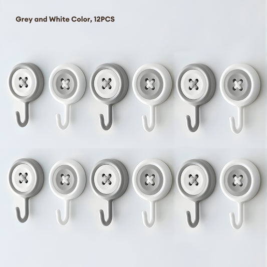 LOCAUPIN Bundle of 12 Adhesive Hooks Heavy Duty Wall Mounted Button Design High Quality Waterproof Hooks Wall Hangers