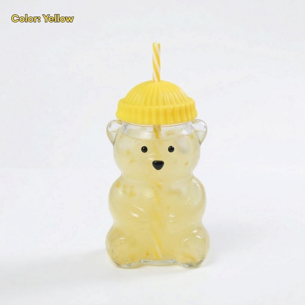 560ML Borosilicate Glass Cute Bear Tumbler with Straw & Silicone Lid Water Bottle Portable Drink Cup for Juice