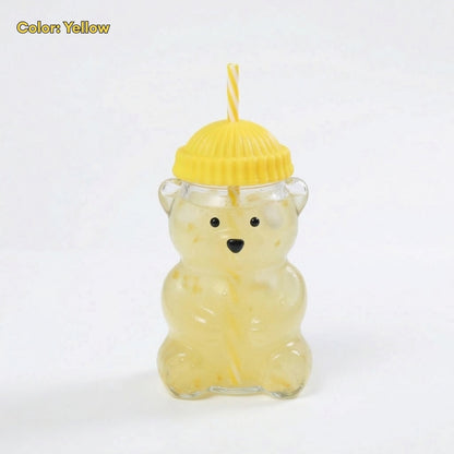 560ML Borosilicate Glass Cute Bear Tumbler with Straw & Silicone Lid Water Bottle Portable Drink Cup for Juice