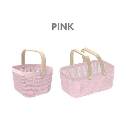 Locaupin Plastic Mesh Basket with Wooden Handle Cosmetic Organizer Kitchen Fruit Vegetable Storage Multifunctional Salon Spa Shopping Bin
