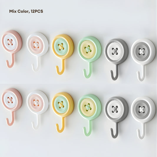 LOCAUPIN Bundle of 12 Adhesive Hooks Heavy Duty Wall Mounted Button Design High Quality Waterproof Hooks Wall Hangers