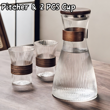 Load image into Gallery viewer, Locaupin Modern Striped Patterned Borosilicate Glass Pitcher and Cup Set with Wooden Lid and Ring Heat and Cold Resistant Jug
