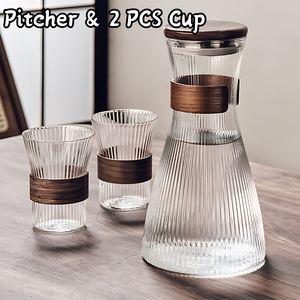 Locaupin Modern Striped Patterned Borosilicate Glass Pitcher and Cup Set with Wooden Lid and Ring Heat and Cold Resistant Jug