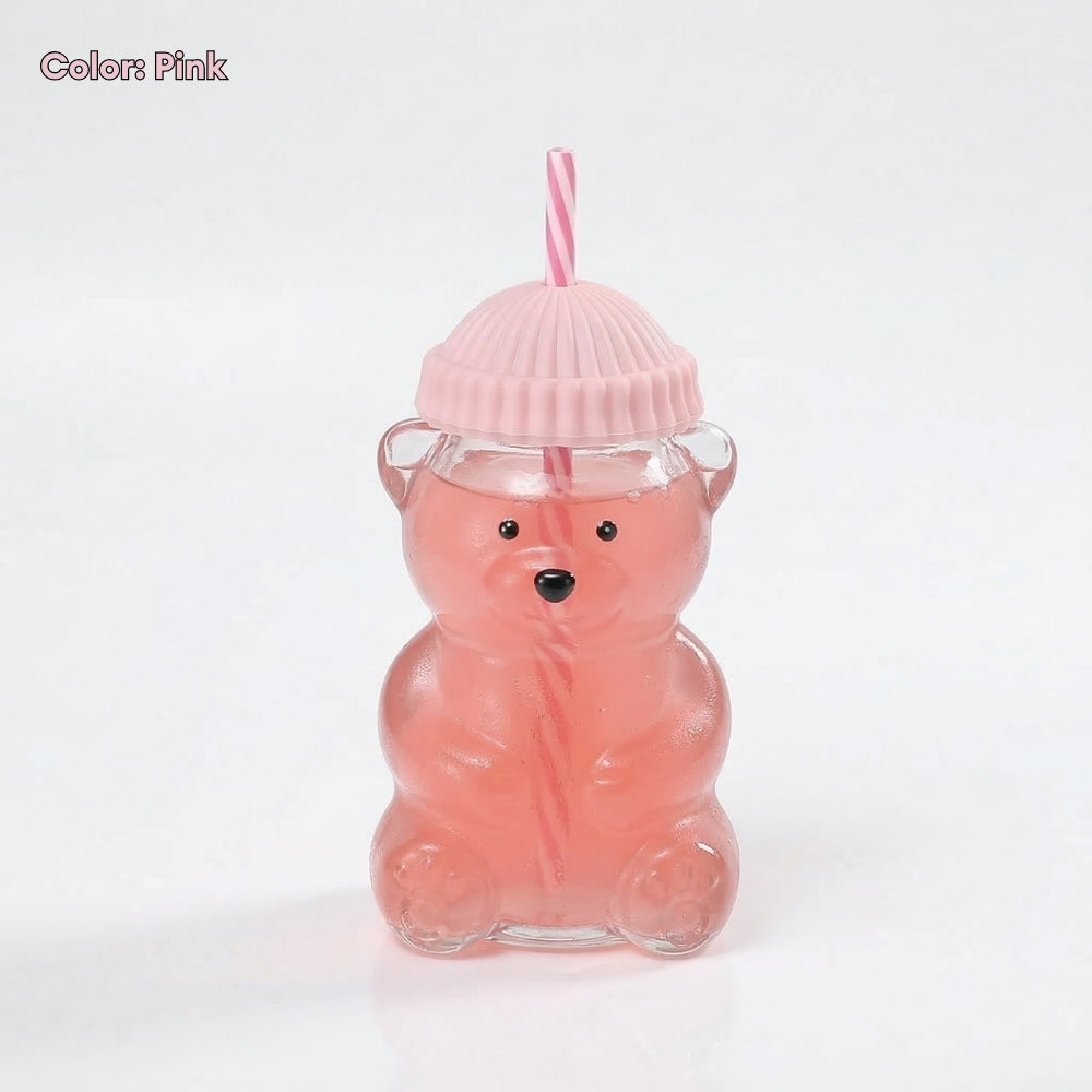 560ML Borosilicate Glass Cute Bear Tumbler with Straw & Silicone Lid Water Bottle Portable Drink Cup for Juice