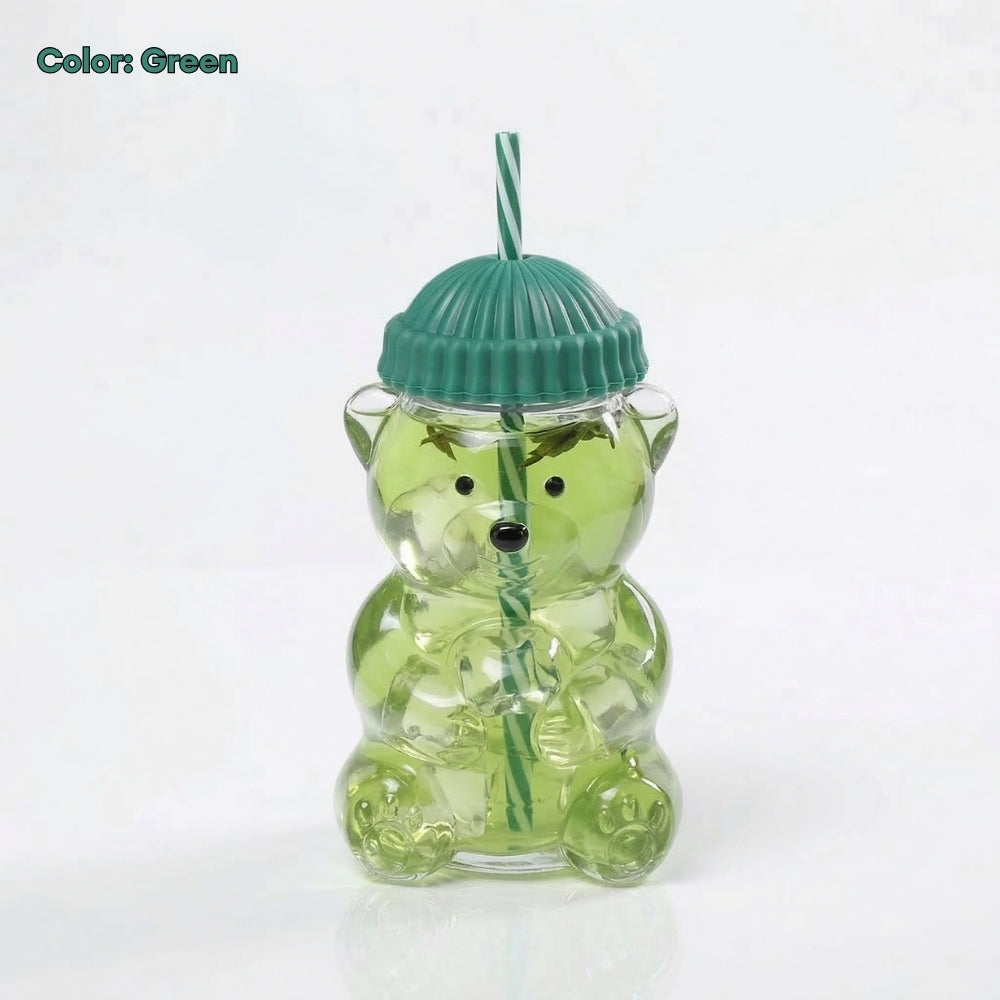 560ML Borosilicate Glass Cute Bear Tumbler with Straw & Silicone Lid Water Bottle Portable Drink Cup for Juice