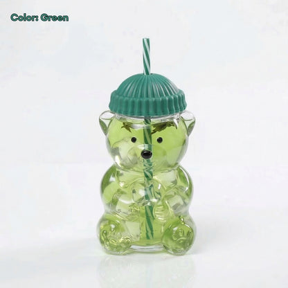560ML Borosilicate Glass Cute Bear Tumbler with Straw & Silicone Lid Water Bottle Portable Drink Cup for Juice
