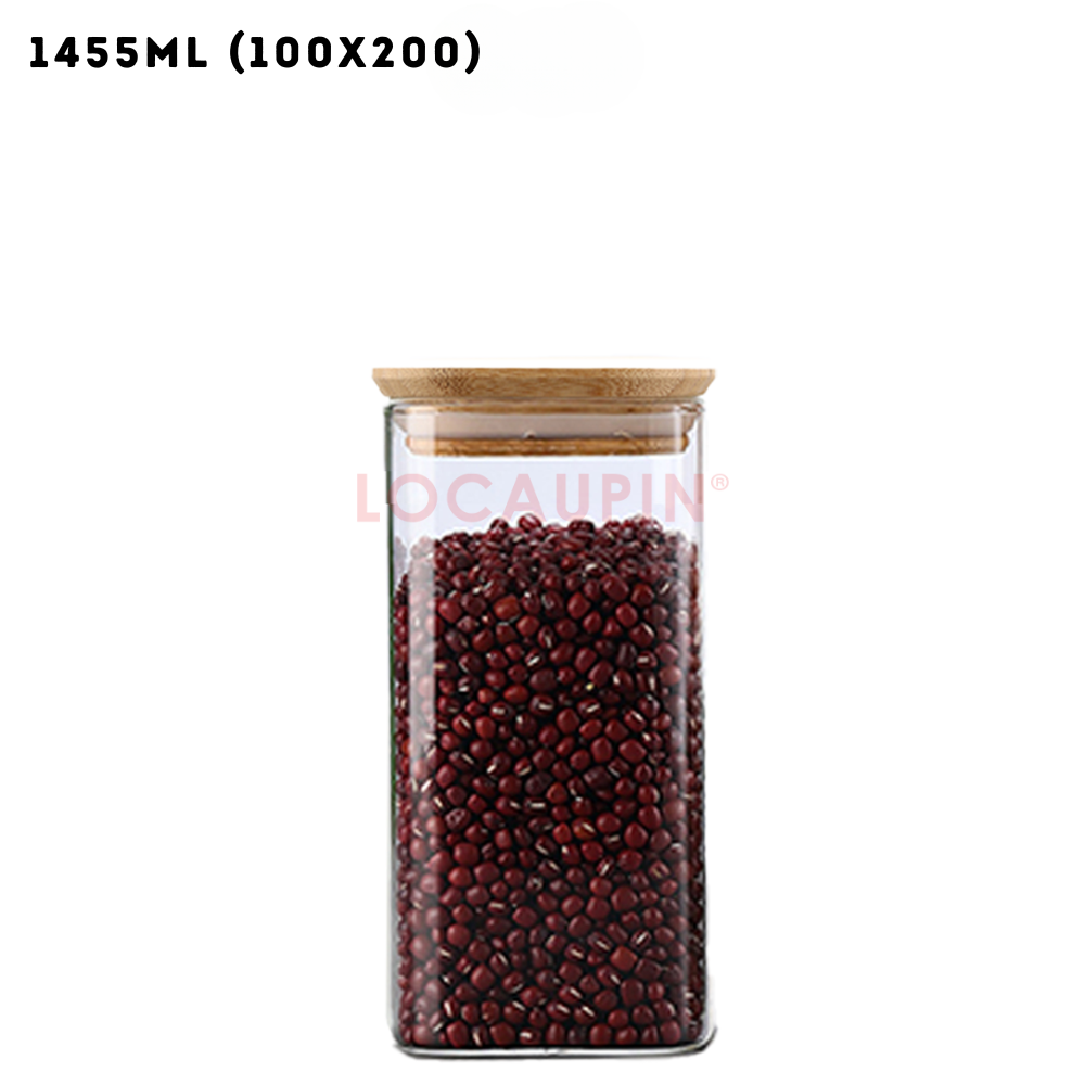 Locaupin Square Borosilicate Glass Canister with Bamboo Lid Airtight Food Jar Storage Transparent Kitchen Pantry Sealed Container
