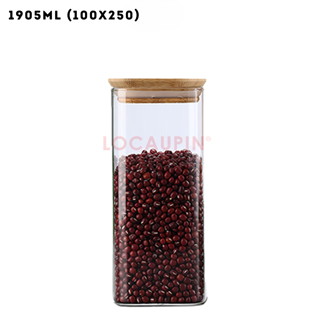 Locaupin Square Borosilicate Glass Canister with Bamboo Lid Airtight Food Jar Storage Transparent Kitchen Pantry Sealed Container