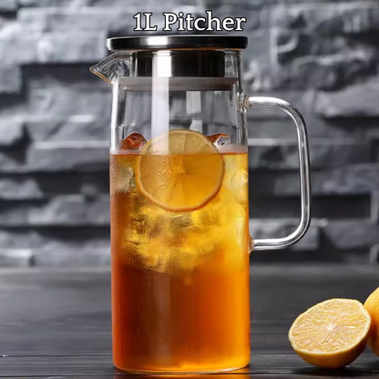 Locaupin Borosilicate Glass Water Pitcher with Stainless Steel Lid Hot and Cold Drinks Juice Coffee Beverage Large Capacity Jug