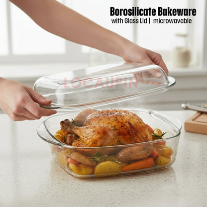 LOCAUPIN Rectangular Borosilicate Dish Plate with Glass Lid Bakeware Sets Microwaveable Baking Dish Glass Pan 4.5L