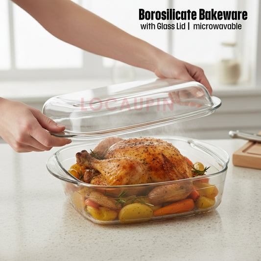 LOCAUPIN Rectangular Borosilicate Dish Plate with Glass Lid Bakeware Sets Microwaveable Baking Dish Glass Pan 4.5L