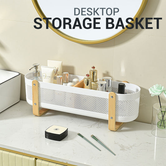 Locaupin Shelf Organizer Mesh Basket Organizer with Wooden Stand Multifunctional Desktop Storage Cosmetic Holder