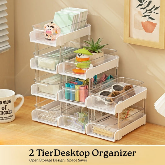 LOCAUPIN 2 Tier Desktop Organizer Transparent Drawer Type Stationery Storage Rack Multifunctional Make Up Sort Box