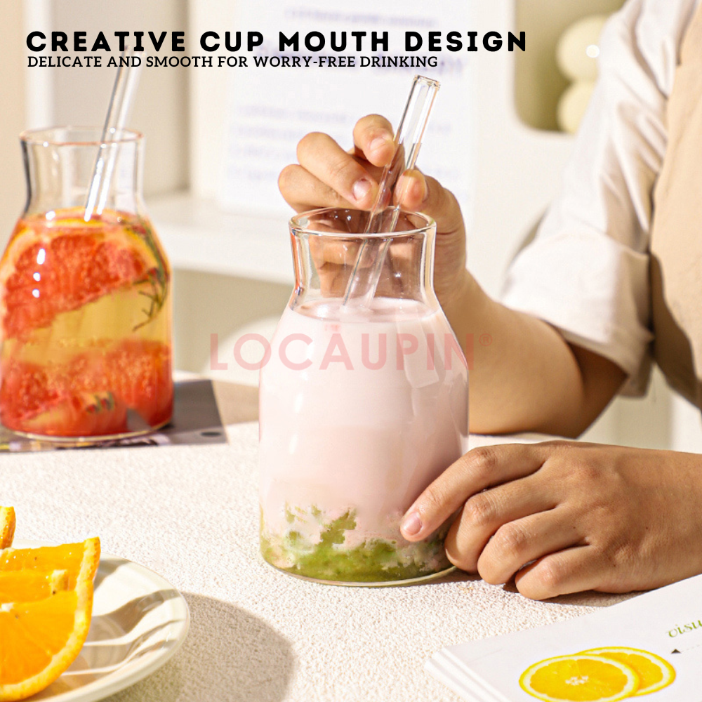 Locaupin 2 Pieces Borosilicate Glass Smooth Bottle Cup with 2 Straw and 1 Brush Simple Large Capacity Mug for Hot and Cold Drinks