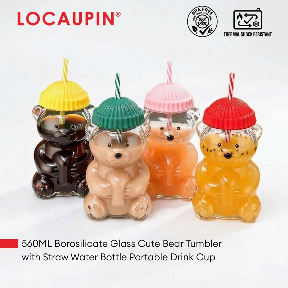 560ML Borosilicate Glass Cute Bear Tumbler with Straw & Silicone Lid Water Bottle Portable Drink Cup for Juice