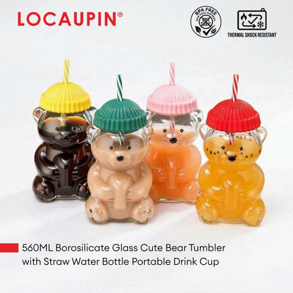 560ML Borosilicate Glass Cute Bear Tumbler with Straw & Silicone Lid Water Bottle Portable Drink Cup for Juice