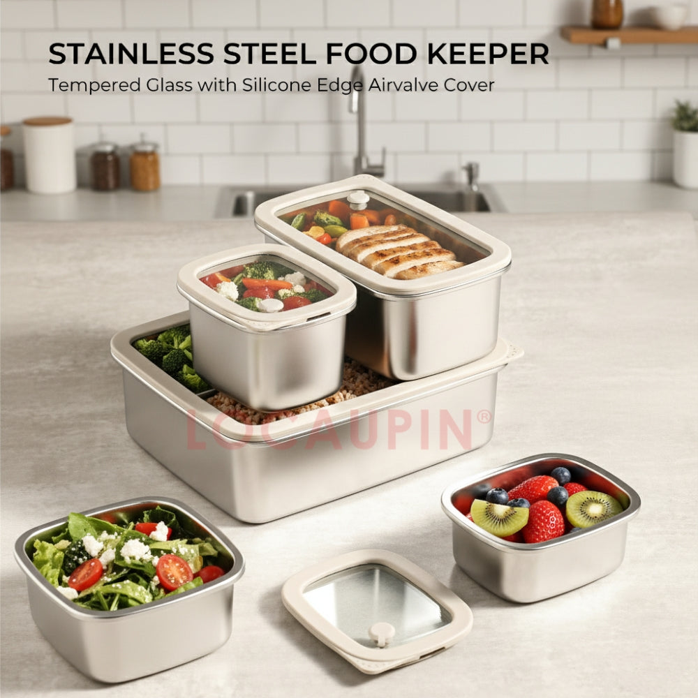 LOCAUPIN 304 Stainless Steel Food Container with Tempered Glass Lid Fresh Keeping Box Food Trays Food Storage Dispenser