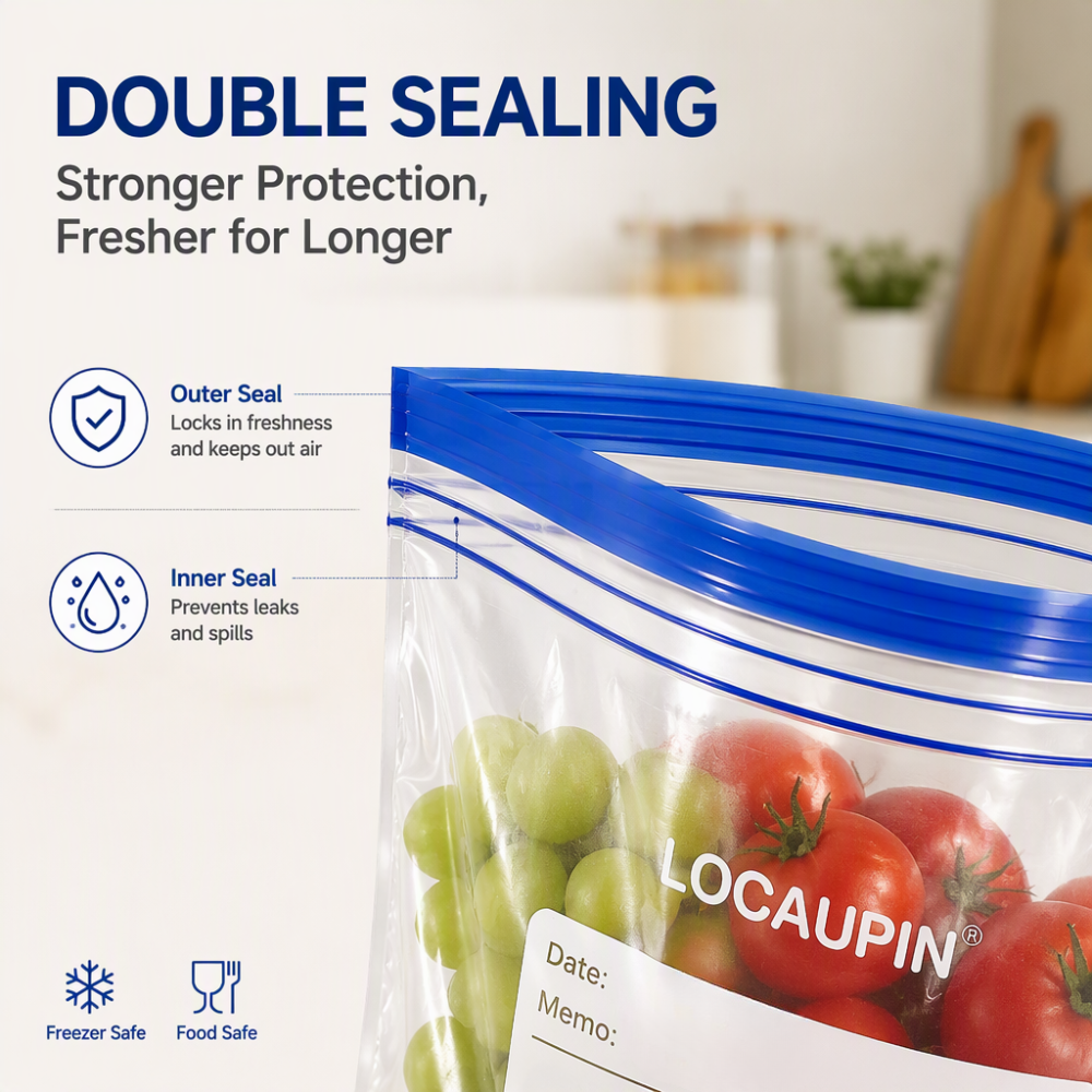 LOCAUPIN Zipper Bags Value Pack Microwave Safe Leakproof Food Storage Freezer Bags with Double Seal & Labeling Area