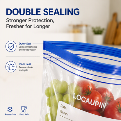 LOCAUPIN Zipper Bags Value Pack Microwave Safe Leakproof Food Storage Freezer Bags with Double Seal & Labeling Area