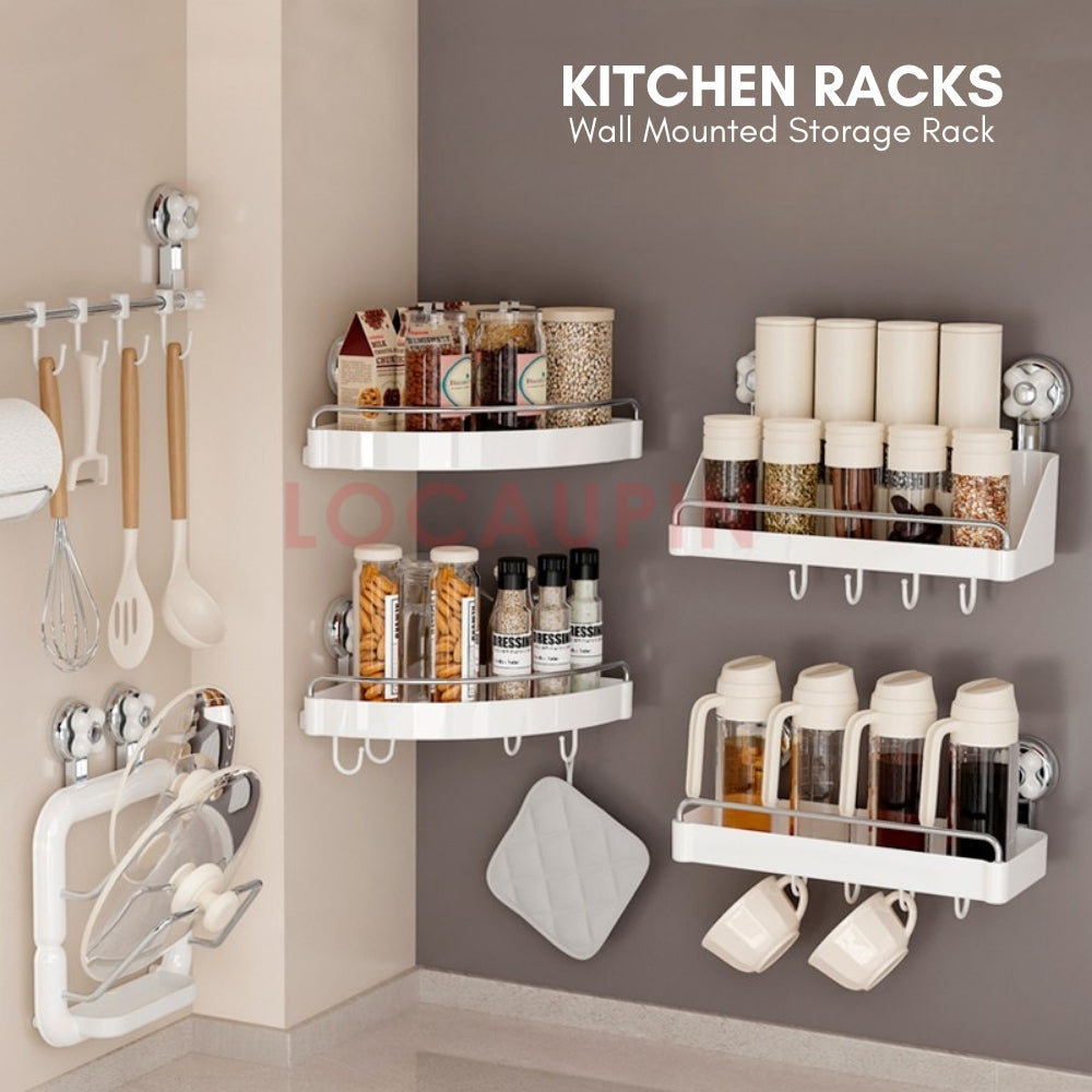 LOCAUPIN Wall Mounted Kitchen Racks Organizer Hanging Multifunctional Sunction Cup Spice Rack Storage Space Saving Shelf