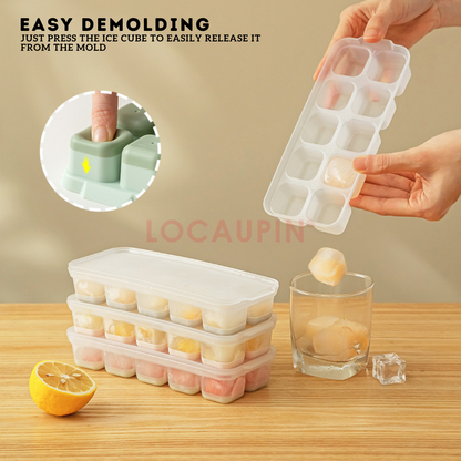 Locaupin 2 Pieces Set Mini Ice Cube Tray with Lid and Soft Bottom Silicone for Easy Demolding Stackable Compact 10 Grids Molder